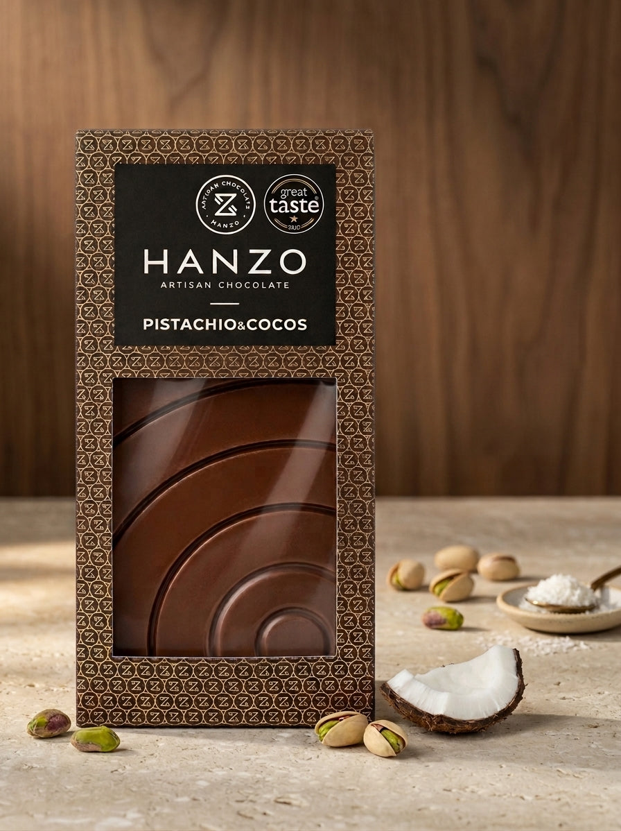 milk chocolate filled with pistachio-cocos cream